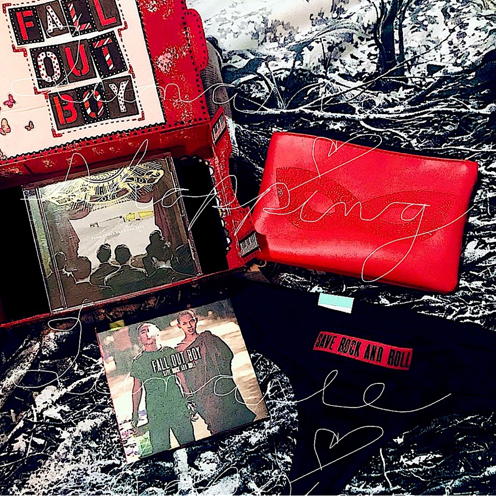 Fall Out Boy bottoms NWT, 2 cds, makeup bag+ bundle